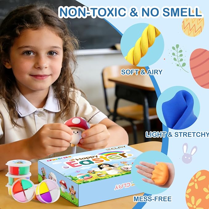 Easter Air Dry Clay for Kids,12 Boxes Modeling Magic Clay Kit with Sculpting Tools Tutorials, Safe & Non-Sticky DIY Craft Kit for Easter Basket Stuffers Gifts