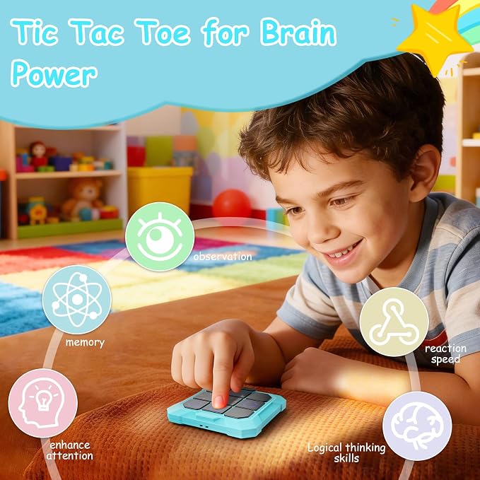 Tic Tac Toe Game, 6-in-1 Electronic Tic Tac Toe with Mute & Rechargeable - Handheld Travel Board Game for Kids Ages 4+, Adults, Family - Educational Learning Toy for Boys Girls，Blue