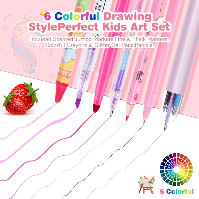 MAIGOZON Unicorn Gifts for Girls - 56 PCS Scented Markers Art Supplies Set for Kids Ages 4-8, Coloring Drawing Kit with Glitter Unicorn Case & Quick-Dry Gel Pens, Birthday Christmas Gift