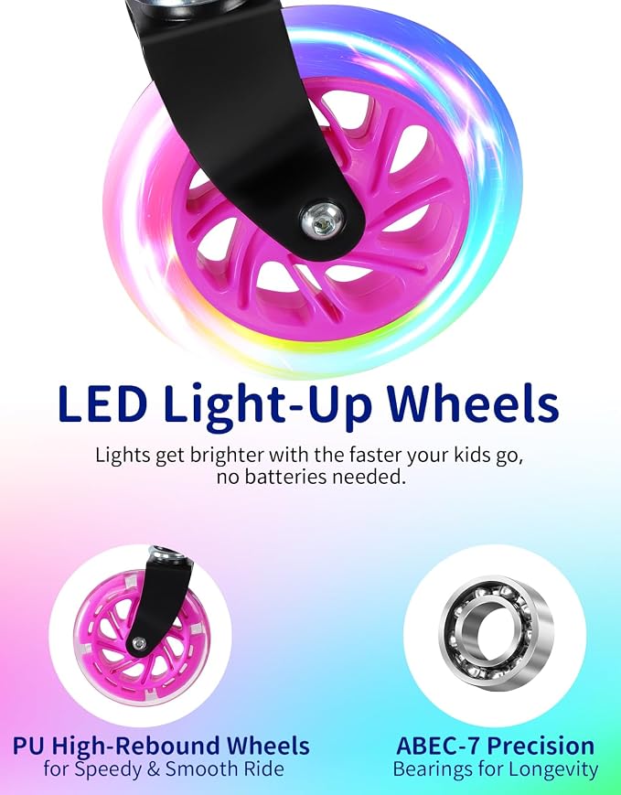 BELEEV V1 Scooters for Kids, 2 Wheel Folding Kick Scooter for Girls Boys, 3 Adjustable Height, Light Up Wheels, Lightweight Scooter with Sturdy Frame, Kickstand for Children 3 to 12 Years Old