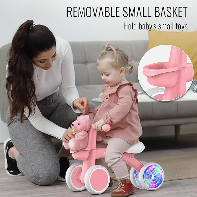 Umatoll Colorful Lighting Baby Balance Bike Toys for 1 Year Old Girl Gifts, Adjustable Seat, First Birthday Gifts, 12-24 Months Toddler Bike, New Pink