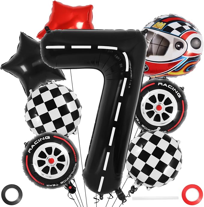 Race Car 7 Balloons, 40 Inch Racetrack Number 7 Balloon, Large Foil Mylar Racetrack Black 7 Balloon for 7 Year Old Birthday Race Car Themed Party Decoration