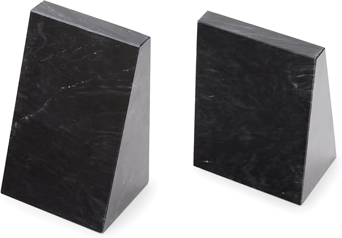 Fox Run 100% Natural Polished Marble Bookends, Black, Set of 2, Triangular Bookends for Heavy Books