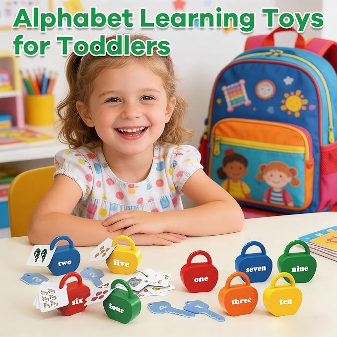 Montessori Lock and Key Toddler Toys, Cause and Effect Sensory Learning Toys for 1 2 3 Year Old, Number Counting & Matching Game, Fine Motor Skills Preschool Travel Activities