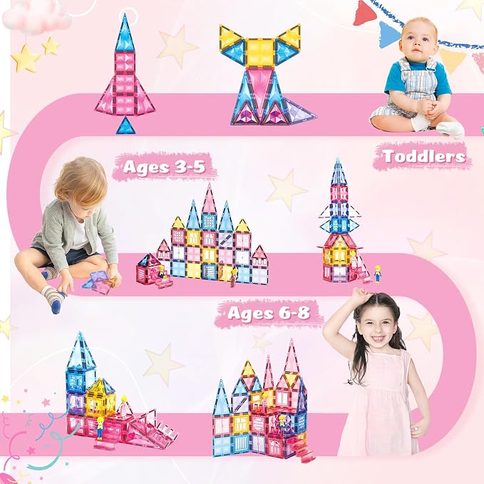 BENOKER Pink Castle Magnetic Tiles for Kids Ages 3-8, 3D STEM Toys with Sparkling Building Blocks, Creative Educational Gift for Boys and Girls, Preschool Learning Toys for Birthday