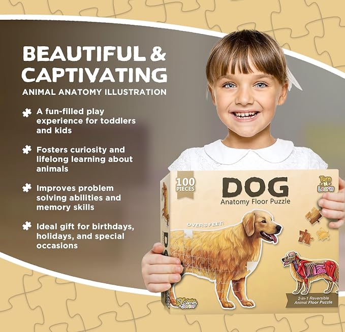 Dog Animal Anatomy Floor Puzzle | 100-Piece Double-Sided Jigsaw Puzzle | Large Floor Puzzle for Kids Ages 4–8, 3–5, 8–10 | Fun and Educational STEM Toy for Kids, Toddlers, and Families