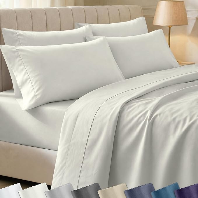California Design Den 6-Pc Queen Size Sheet Set with 4 Pillowcases - 400 Thread Count 100% Cotton Sheets, Sateen Weave, Deep Pocket Bedsheets Set - Ivory (Pale Tone)