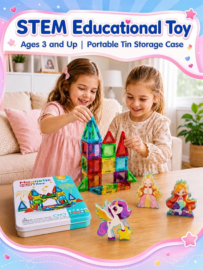 45PCS Mini Magnetic Tiles for Kids Ages 3-8, Travel Magnetic Building Blocks Set with 5 Fairytale Figures, STEM Toys for Girls Boys, Portable Tin Case, Princess Unicorn Magic Castle