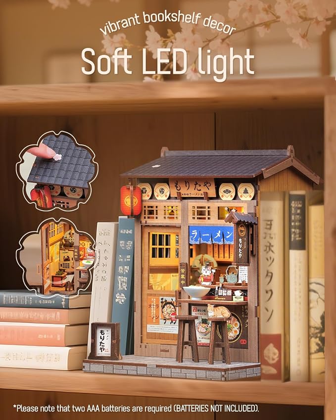 Cutefun Book Nook Kit - DIY Miniature House Kit for Adults, Japanese 3D Wooden Puzzle Tiny House with LED, Dollhouse Kit Bookshelf Insert Decor Creative Gifts for Teens and Beginners (Morita Ramen)