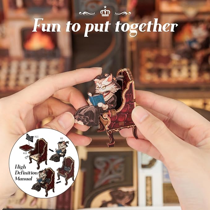 Cutefun Book Nook Kit - DIY Miniature Dollhouse Kit for Adults, Teens and Beginners, Tiny House Bookshelf Decor 3D Wooden Puzzles, Best Birthday and Valentine's Day Gifts (Count Cat's Study)