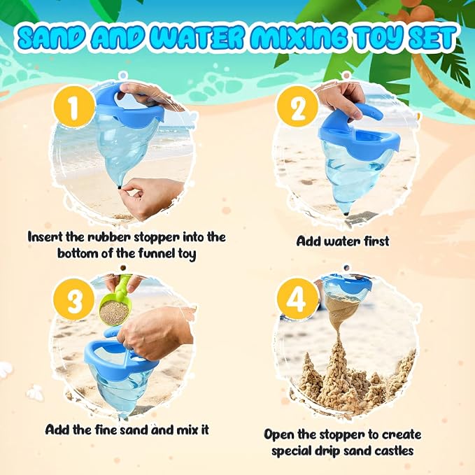 5Pcs Sand Spilling Funnel Beach Toy, Drip Sand Castle Maker Water Mixing Writing Toy for Summer Beach Sandbox Outdoor Activities