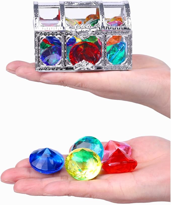 XIJUAN Diving gem Pool Toys Sand Toys,14Colorful Diamond Treasure Chest Summer Swimming gems Pirate Diving Toy Set Underwater Swimming toyChildren's Game Gifts for Boys and Girls(Silver White)