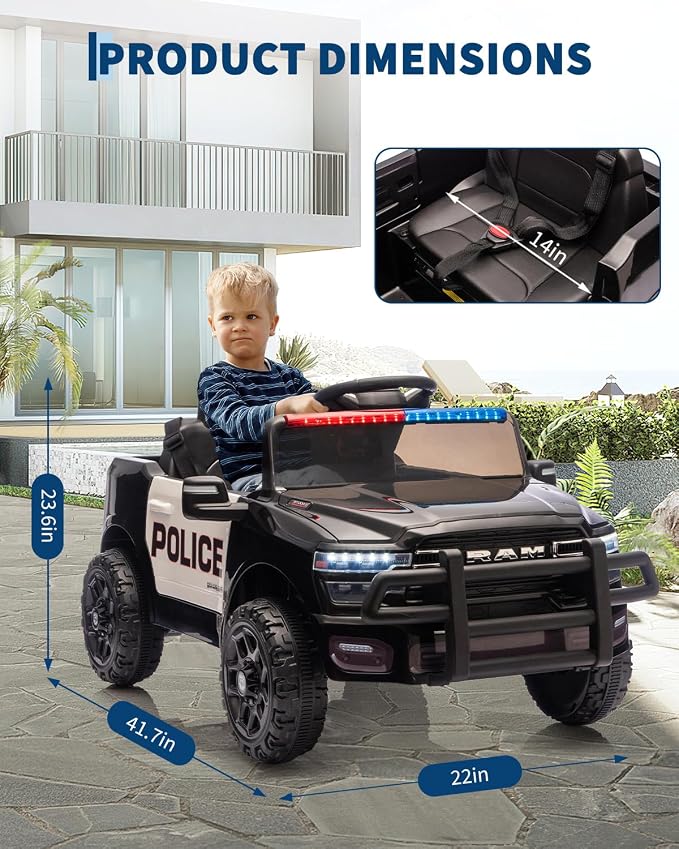 Garvee Kids Ride On Police Cars, Licensed RAM 12V Electric Ride On Police Car w/Remote Control, Electric Pickup Car for Toddlers, Spring Suspension, LED Lights, Music, Ride On Toys for Boys Girls