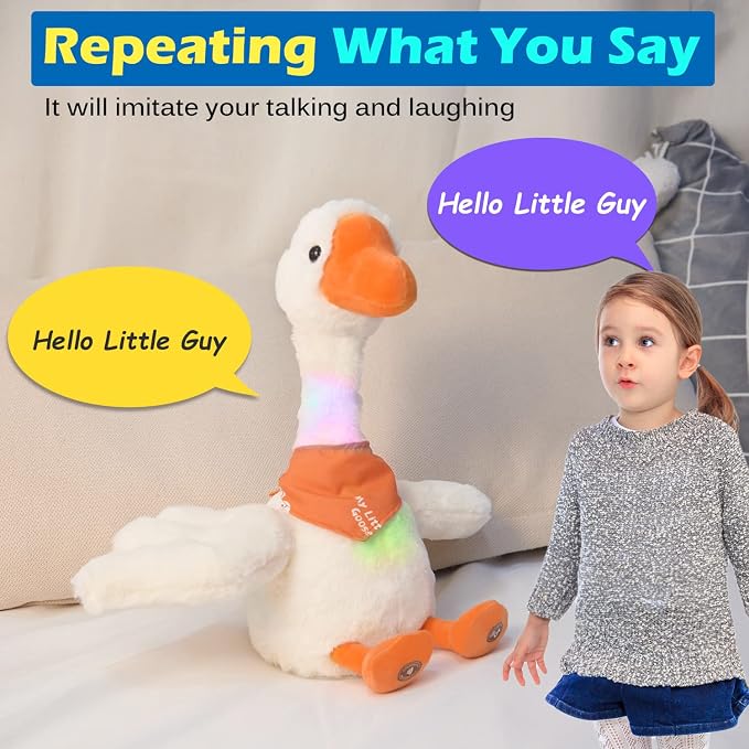 Marsjoy 13" Talking Dancing Goose Swan Stuffed Animal Repeating What You Say Mimicking Recording Plush Baby Toy Musical English Song Singing Glowing Animated Twisting Gift Toy for Boy Kid