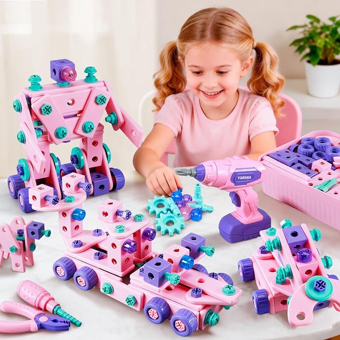 Design and Drill Toy - Toddler Tool Set with Drill & Toolbox, Create And Design Drill Kit Stem Toys for Kids Ages 3-6, Toddler Building Educational Construction Toy for 3-6 Year Old Girl (PINK)