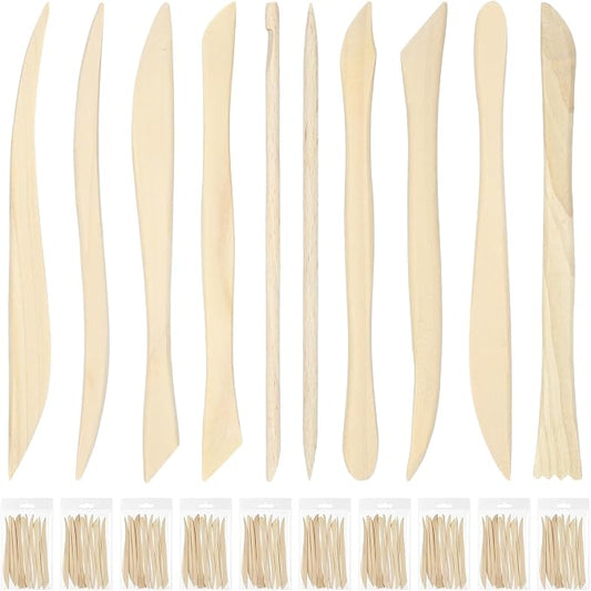Ferrochef 10 Set 100 Pcs Beech Clay Sculpting Tools Different Shapes Pottery Tools Clay Carving Cutters Pottery Trimming Supplies for DIY Ceramics Plastilina Molding Embossin (Classic Style)