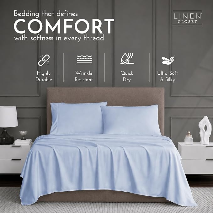 Linen Closet Luxury 1200 Thread Count Full Size Sheets Set, 4 Pieces, Cotton Rich, Blue, Soft, Durable & Wrinkle Resistant Sateen Sheets, 16" Deep Pocket Fitted Sheet, Home & Hotel Essentials