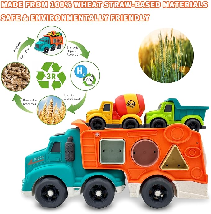 Aigitoy 3 Pcs Toddler Car Toys for 1-3 Years Old, Construction Vehicle Toys Carrier Tuck Set Includes Dump Truck, Mixer Cement, Shape Sorter, No BPA, Phthalates, PVC, Christmas Birthday Gifts for Kids