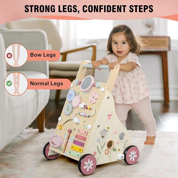 Pithfor Wooden Baby Walker, Baby Push Walker, Push Walker Toys for Babies Learning to Walk & Sit-to-Stand, with Montessori Sensory Toy & Activity Center for Girls Boys