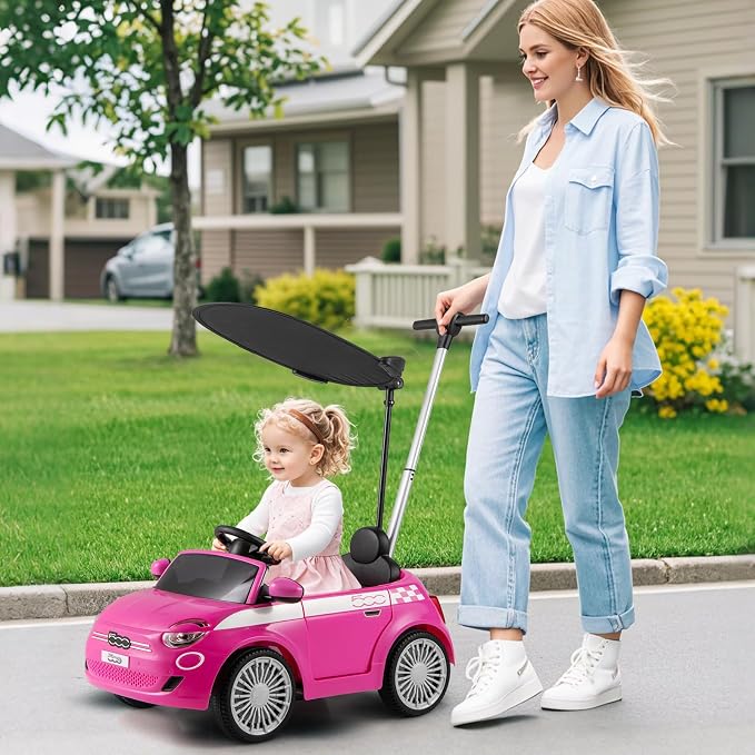 OLAKIDS Push Car for Toddlers, 3 in 1 Licensed Fiat 500e Baby Sliding Walking with Parent Control Handle Adjustable Canopy Footrest, Kids Ride on Toys with Horn for Boys Girls (Pink)