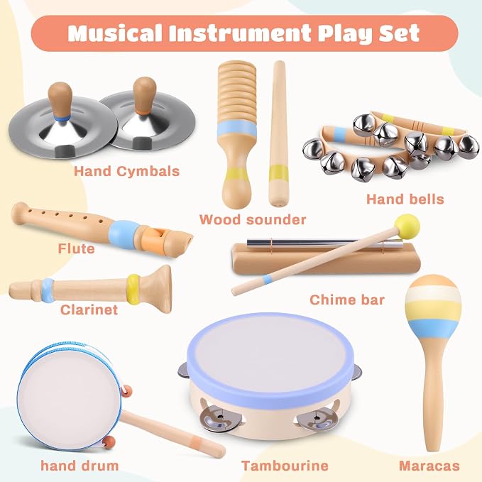 Baby Musical Instruments for Toddlers 1–3, Montessori Wooden Music Set with Drum Flute Clarinet Bells Cymbals, Toddler Musical Instruments Educational Kids Toys Birthday Gifts for Boys Girls