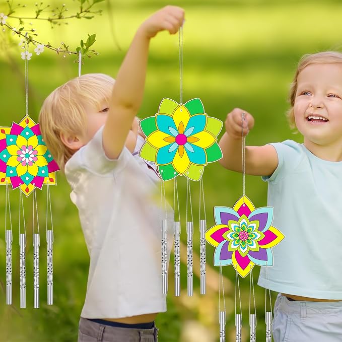 Silipull 24 Sets Lotus Flower Wind Chimes Craft for Kids Color Your Own Mandala Windchime DIY Unfinished Wood Hanging Ornaments Coloring Wind Chime for Spring Summer Kids Gifts School Party Supplies