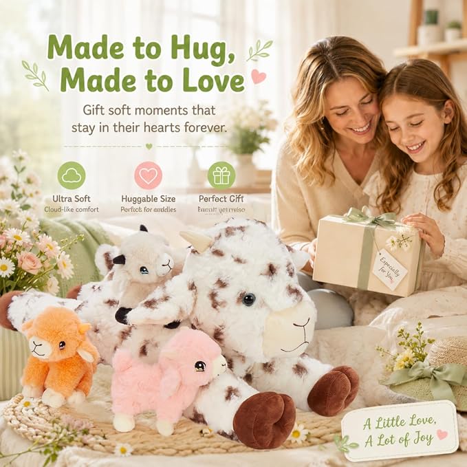 Tezituor Large Lamb Stuffed Animal Toys Sets, 22 Inch Mommy Spot Lamb Plush with 3 Cute Babies in Zippered Tummy,Soft Cuddly 4Pcs Sheep Stuffy,Farm Goat Plushie Gifts for Christmas Birthday Easter