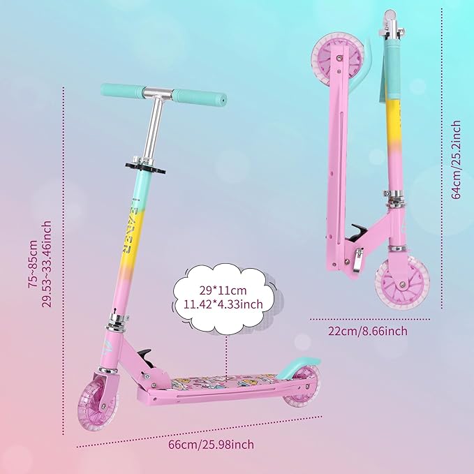 Scooters for Kids with Light-Up Wheels, Stem and Deck, Lightweight Foldable, 3 Adjustable Height Scooters for Kids 8-12