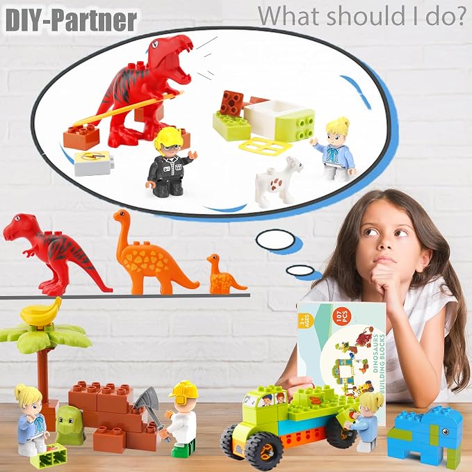Anpcso Building Blocks for Toddlers 3-5, Dinosaur Toys- Dinosaurs, Car, Build, Learn and Play, Educational Interactive Creative DIY Toy Compatible with All Major Brands, Gift for Kids Boys Girls