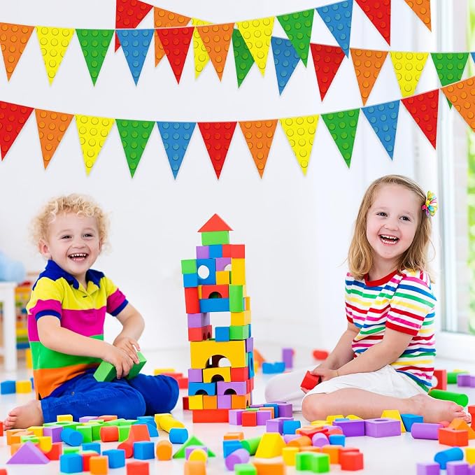 Tiamon 5 Pcs Building Block Birthday Party Decorations Colorful Blocks Bricks Triangle 49.2 Ft Flag Red Blue Yellow Pennant Banner Garland Streamer for Birthday Baby Shower Brick Themed Party Supply