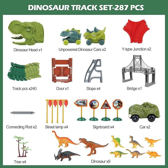 FUNBUD Dinosaur Race Track Toys for Kids - Birthday Gifts for Boys Age 3 4 5 6 7 Year Old, Flexible Race Cars Track Playset with Lights, 280+ PCS Creative