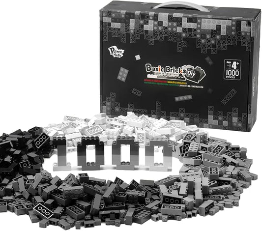 Pairez Toys 1000 Piece Blocks for Building, Classic Bulk 2x4 Basics Bricks Building Set, Compatible with All Major Brands, Creative STEM Building Toys for Kids Ages 4 5 6 7 8 (Black & Gray & White)