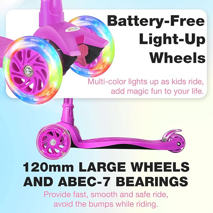 BELEEV Scooters for Kids 3 Wheel Kick Scooter for Toddlers Girls Boys, 4 Adjustable Height, Lean to Steer, Light up Wheels, Extra-Wide Deck, Easy to Assemble for Children Ages 3-12