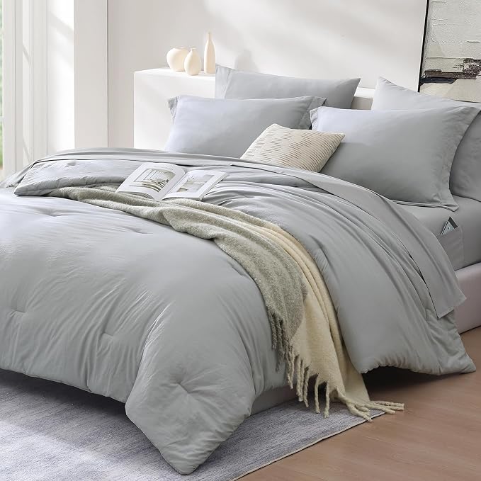 WRENSONGE Queen Comforter Set- 7 Pieces Soft Light Grey Bed in a Bag Queen with Fitted Sheet, Flat Sheet, 2 Pillow Shams, and 2 Pillowcases- Warm Bed Set for All Season