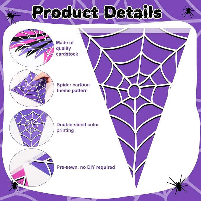 Tiamon 5 Pcs Wednesday Birthday Party Decorations Halloween Spider Web Birthday Triangle 49.2 ft Flag Black Purple Pink Pennant Banner Spider Garland Streamer for Baby Shower Party Supply