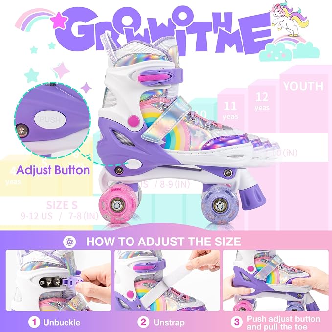 SULIFEEL Rainbow Unicorn 4 Size Adjustable Roller Skates for Girls Boys for Kids Ages 3-5 5-8 6-12 Children Skates Indoor Outdoor
