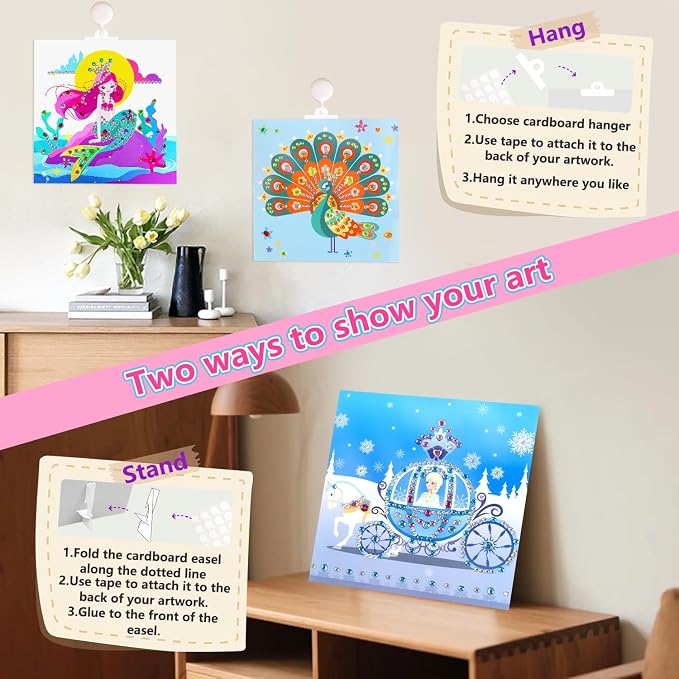 Marlrin Unicorn & Princess Diamond Art Kit for Kids Ages 3-8,Easy Arts and Crafts with 1000+ Gem Stickers,Gem Art Christmas Birthday Easter Gift for Girls 4-7