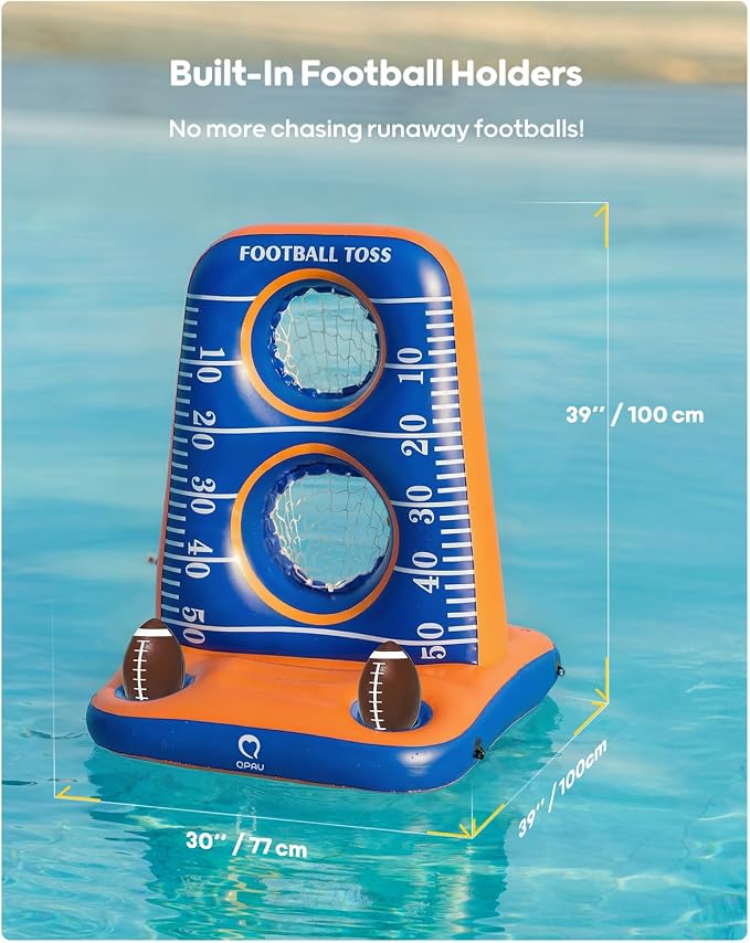 QPAU Inflatable Football Toss Game for Pool – Water Football Target with 4 Balls & 2 Pumps, Dual Net Design, Stable Base, Summer Pool Game for Kids & Adults (Blue+Orange)