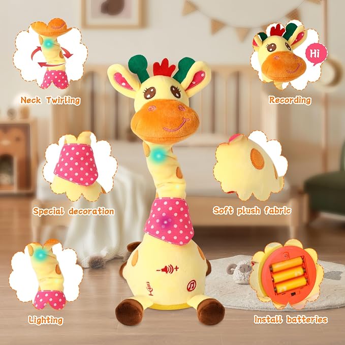 LUKETURE Dancing Talking Giraffe Toy Stuffed Plush, Cute Interactive Talking Giraffe Gift for Girls Boys Kids, Musical Baby Toys Singing 10 Children's Song Repeats What You Say