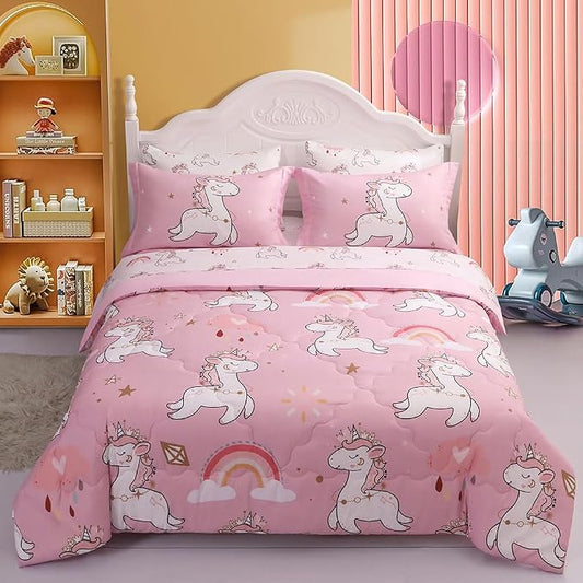 Wajade Kids Pink Unicorn Comforter Set Bed in A Bag Queen Size 7 Piece Cute Unicorn Rainbow Clouds Bedding Set for Girls (1 Comforter, 1 Flat Sheet, 1 Fitted Sheet, 2 Pillowcase and 2 Pillow Sham)