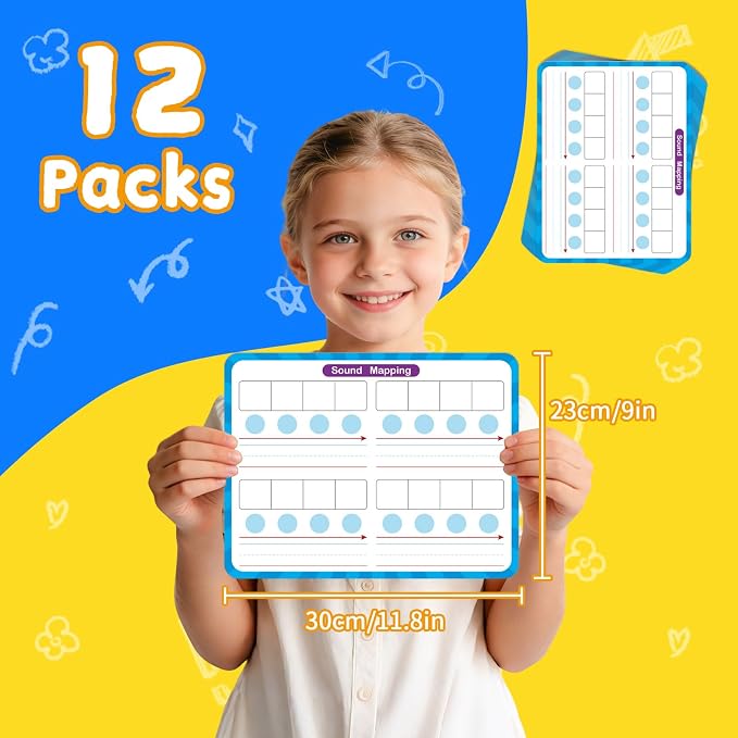 12 Pack Double Sided Syllable Dry Erase Board,12" x 9" Multiplication Flash Cards,Phonics Manipulatives Small White Board for Kids,Speech Therapy Material for Learning,Homeschool Essentials