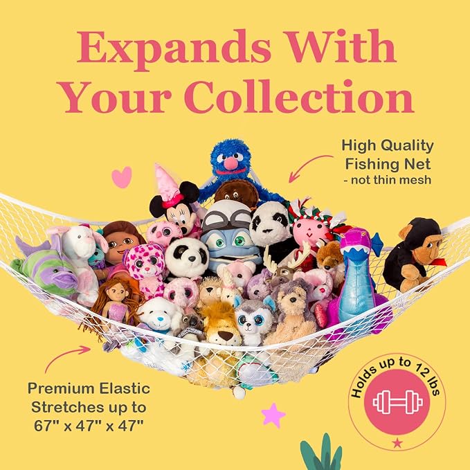Lilly's Love Stuffed Animal Hammock | Corner Hanging Organizer, Toy Storage, Stuffed Animal Storage Net | Made from Quality Fishing Net, Holds 12lbs | 67"x47"x47" (Pastel Purple, 2 Pack)
