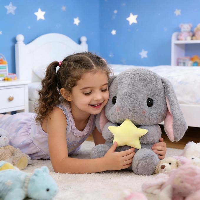 HOUPU Soft Toy - Sitting Lop Eared Rabbit, Easter White Rabbit Stuffed Bunny Animal with Carrot Soft Lovely Realistic Long-Eared Standing Pink Plush Toys (Gray-Star,16.9in/43cm)