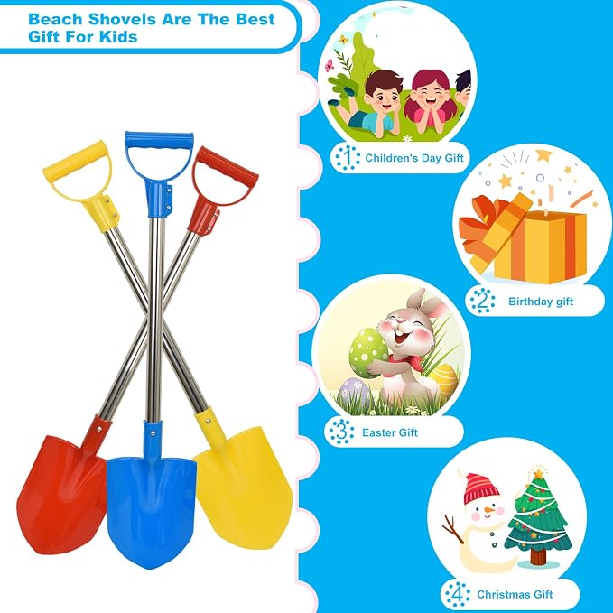 Beach Shovels for Kids,3PC 29Inch Beach Sand Shovels Toys for Digging Heavy Duty Stainless Steels with D-Grip Handle Sturdy Scoop Seaside Kids Tool Lightweight Gift Set (28inch)