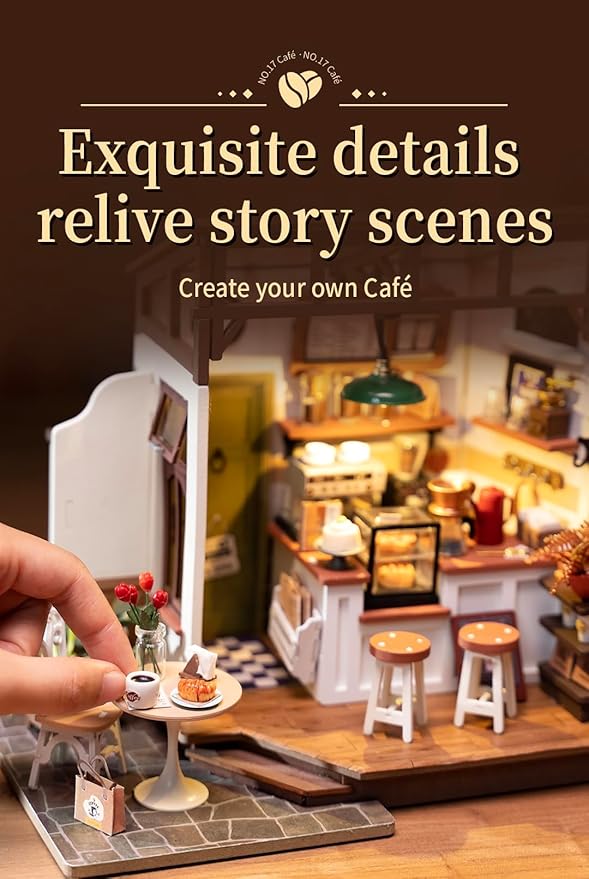 Rowood Coffee Miniature House Kit, Mother's Day DIY Miniature Dollhouse Kits for Adults to Build, Wooden Mini House Model Kits Adults Crafts with LED, Gift on Christmas Birthday for Family-NO.17 Cafe