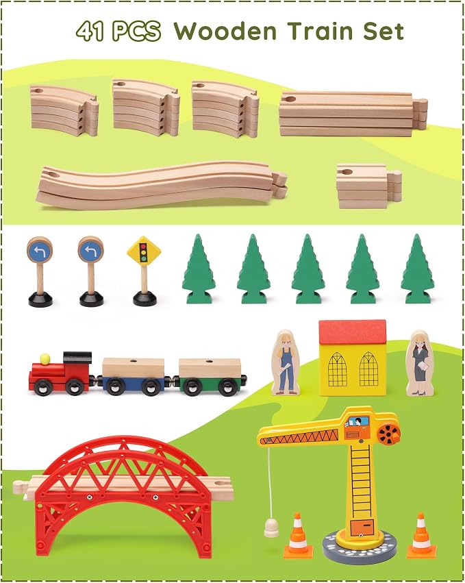 SainSmart Jr. Wooden Train Set for Toddler, 41pcs Wood Train Track w/Crane Fits Brio, Thomas, Melissa and Doug, Kids Wood Toy Train for Kids Ages 3+