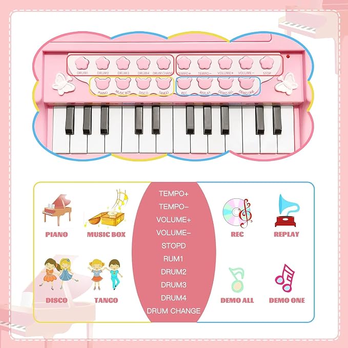 Love&Mini Piano Keyboard Toys for Girls - 24 Keys Toddler Piano Music Toy Instruments with Microphone，Pink Piano Toys for 3+ Years Old Girls Birthday Xmas Gifts (24 Keys Pink Piano Toy)