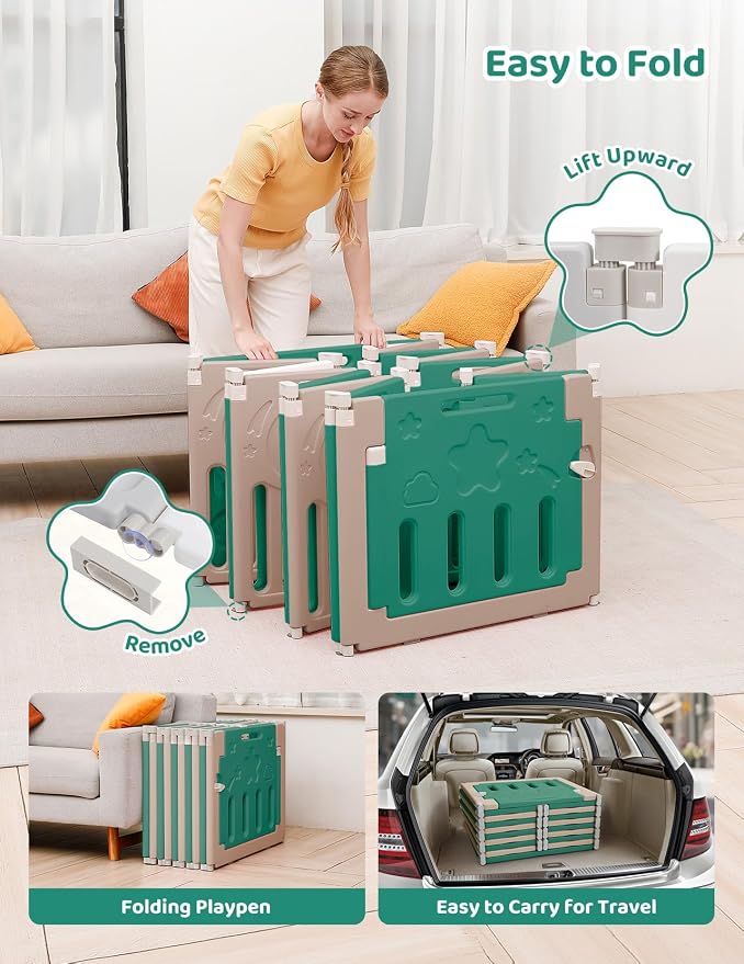Dripex Baby Playpen, 14-Panel Foldable Playard for Toddlers 6-36 Months, Adjustable & Portable Indoor Outdoor Safety Play Area with Anti-Pinch Design, Game Panel and Safety Gate, Green Brown