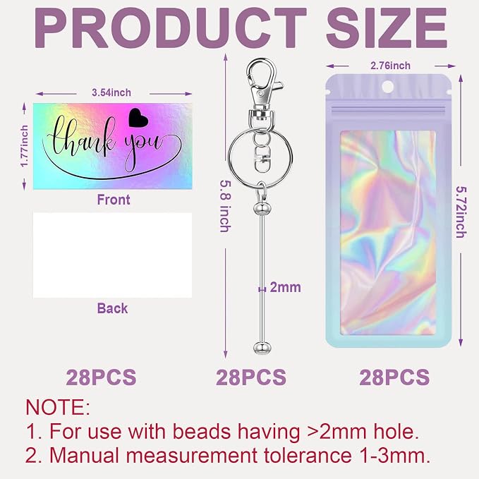 42/84/126 Pcs Beadable Keychain Bars Bulk Blank DIY Beaded Keychain Making Supplies with Bag Thank You Card