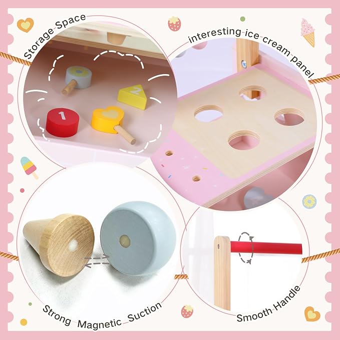 labebe Wooden Push Walker, Push Activity Walker for Kids 12M+, Multifunctional Ice Cream Cart Activity, Adjustable Speed Learning Walking with Wheels, Birthday Gift for Girls Boys Ages 1-3 (Pink)